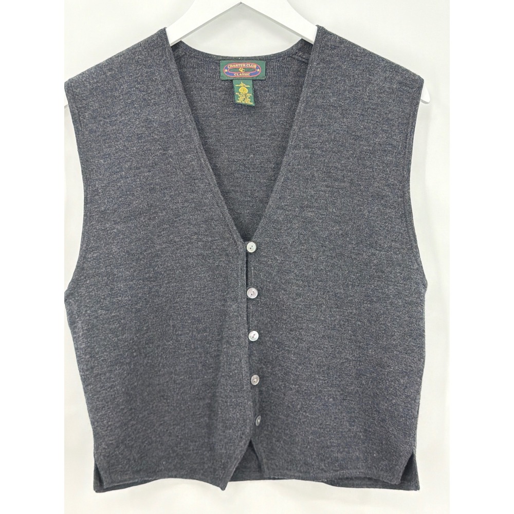 Charter Club Classic Women Large Gray 100% Merino Wool Button Front Sweater Vest